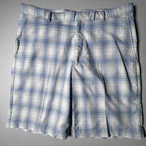 Walter Hagen Mens 36 Chino Shorts Blue White Plaid Golf Flat Front Casual
